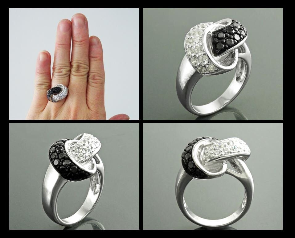 Knot Ring, Sterling Silver, Black & White Color (CZ) Stones, Node Ribbon Ring, Gift for her, Bold Jewelry for woman, Modern Infinity Design