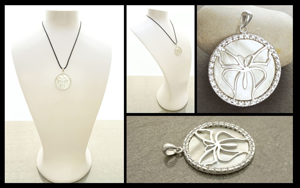 White Round Pendant, Sterling Silver, White Mother of Pearl Shell, Butterflies Jewelry, Butterfly Statement Vintage Necklace, CZ Stones