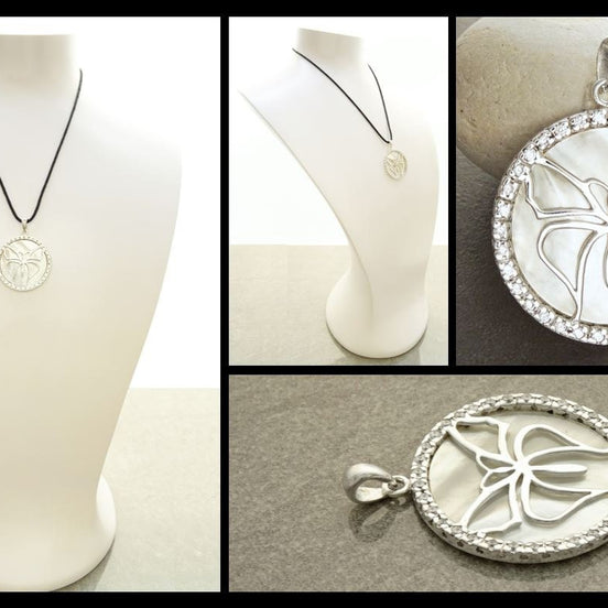 White Round Pendant, Sterling Silver, White Mother of Pearl Shell, Butterflies Jewelry, Butterfly Statement Vintage Necklace, CZ Stones