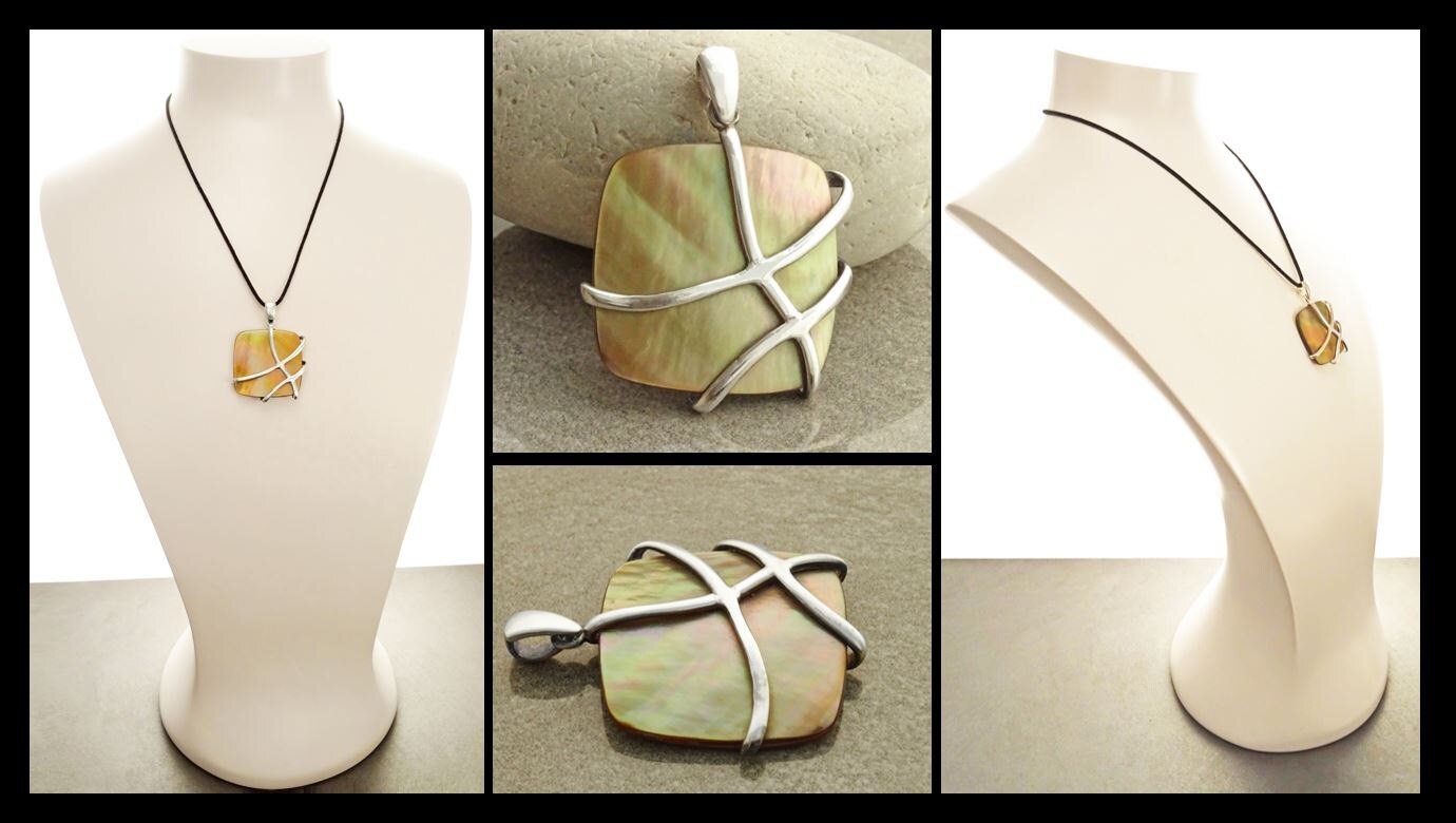 BIG Gold Shell Pendant, Sterling Silver, GENUINE Toffee Color MOP, Modern Square Bold Necklace, Statement Modern Geometric Stone Jewelry
