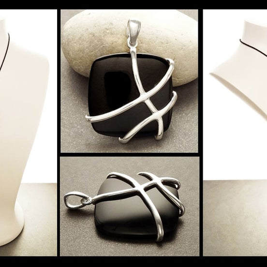 Onyx Square Pendant, Sterling Silver, Modern Geometric Stone Jewelry