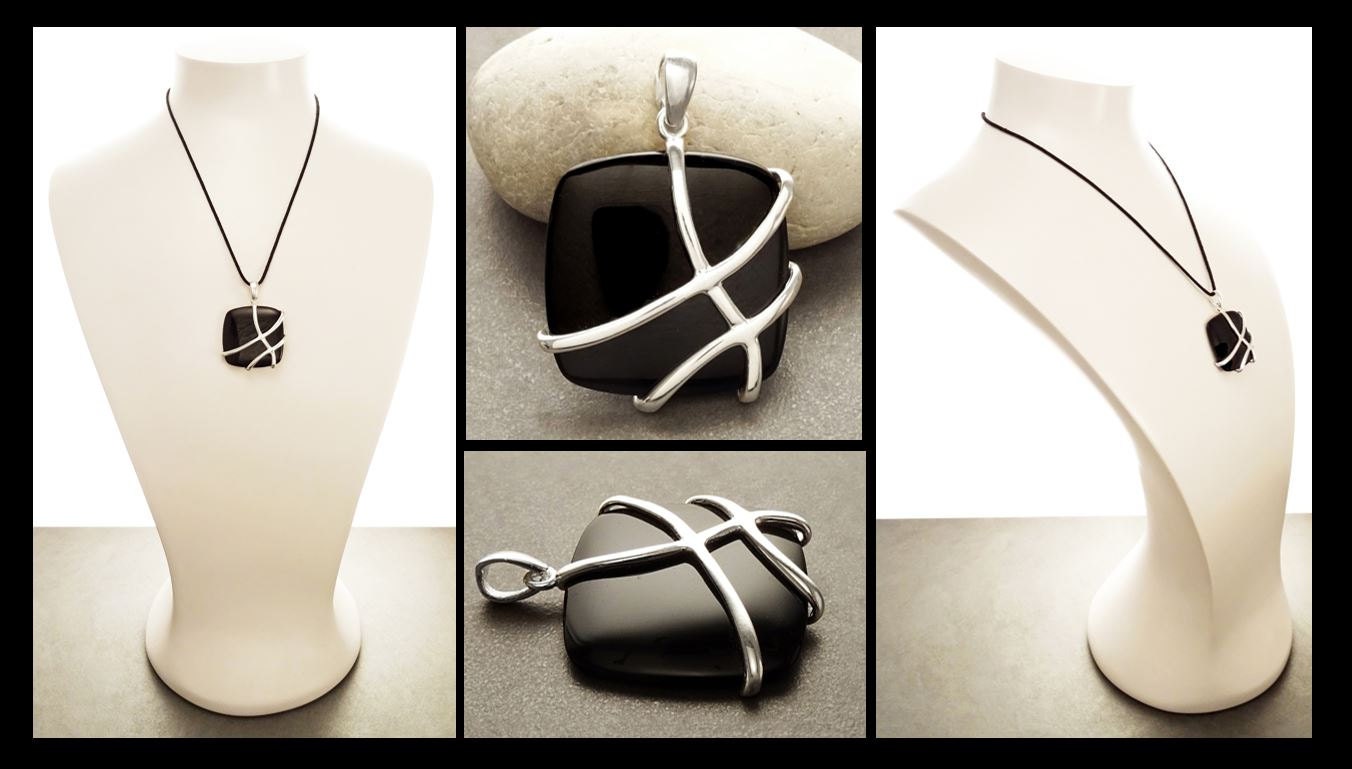 Onyx Square Pendant, Sterling Silver, Modern Geometric Stone Jewelry