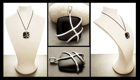 Onyx Square Pendant, Sterling Silver, Modern Geometric Stone Jewelry