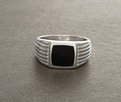 Man Signet Ring, Men Sterling Silver Jewelry, Black Onyx Cushion Stone, Father's Day gift, Valentine's Day idea