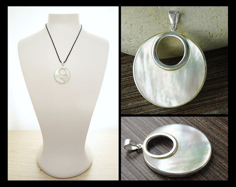 Sterling Silver Mother of Pearl Pendant Necklace, Minimalist Geometric Moon