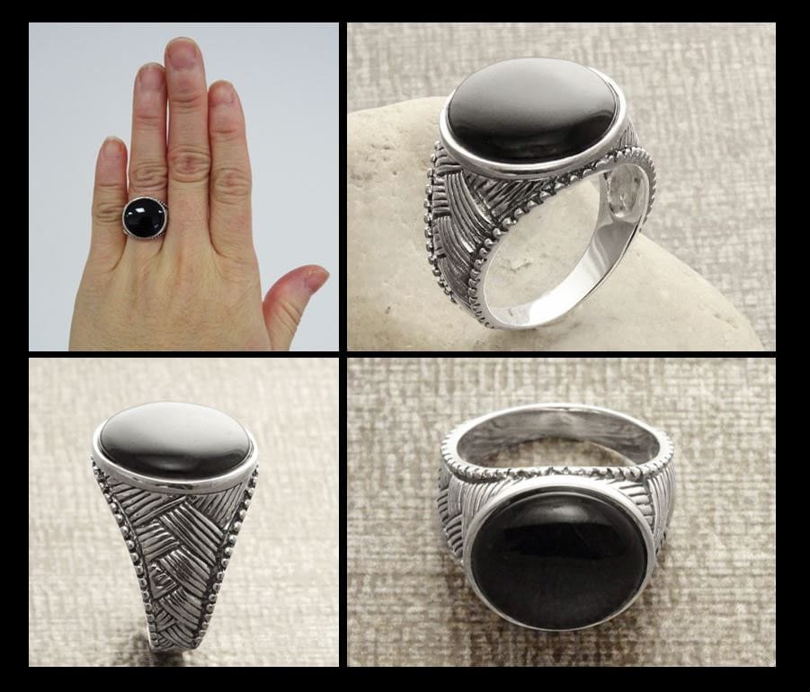 Braided Sterling Silver 925 Onyx Ring, Ethnic Tribal style Jewelry