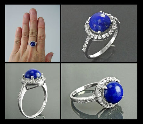 Blue Stone Ring 925 Sterling Silver, Lapis Lazuli Halo Ring, CZ Stones Broder, Natural Gemstone Jewelry