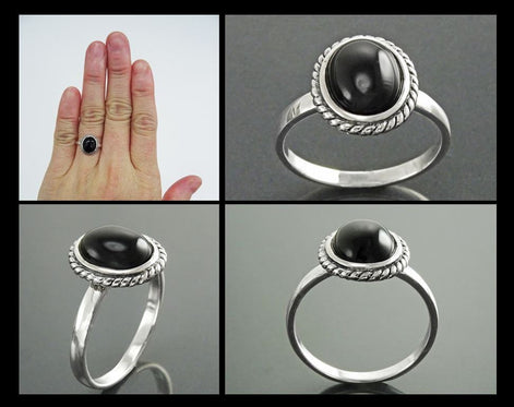 Round Black Antique Ring, Sterling Silver, Natural Onyx Gemstone, Rope Ring, Boho Hipster Ring, Round Stone Ring, Midi Ring, Vintage Ring