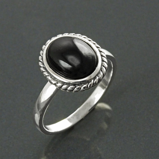 Round Black Antique Ring, Sterling Silver, Natural Onyx Gemstone, Rope Ring, Boho Hipster Ring, Round Stone Ring, Midi Ring, Vintage Ring
