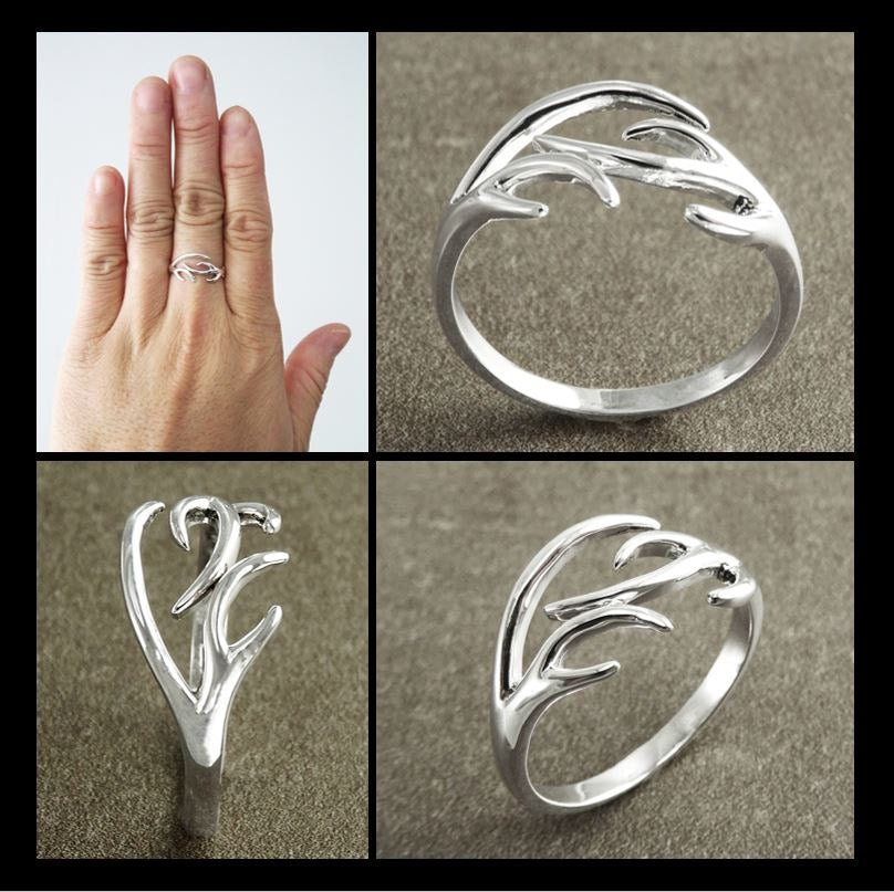 Sterling Silver Deer Antler Ring, Open Band Boho Nature Jewelry