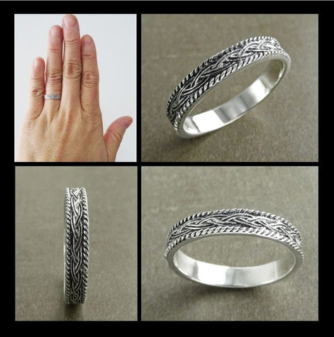 Une bague en argent massif 925 avec un motif tressé. 
La bague présente un motif détaillé de brins entrelacés, créant une surface texturée. Plusieurs vues mettent en valeur le savoir-faire et le design complexe de la bague.
vu bague porté et multi vus.
Bijou artisanal durable. Fait main local. Boutique de confiance recommandée.