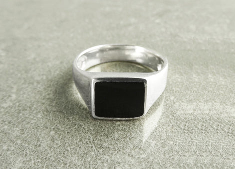 Black Square Signet Ring • Sterling Silver • Onyx Stone Design • Handmade Jewelry