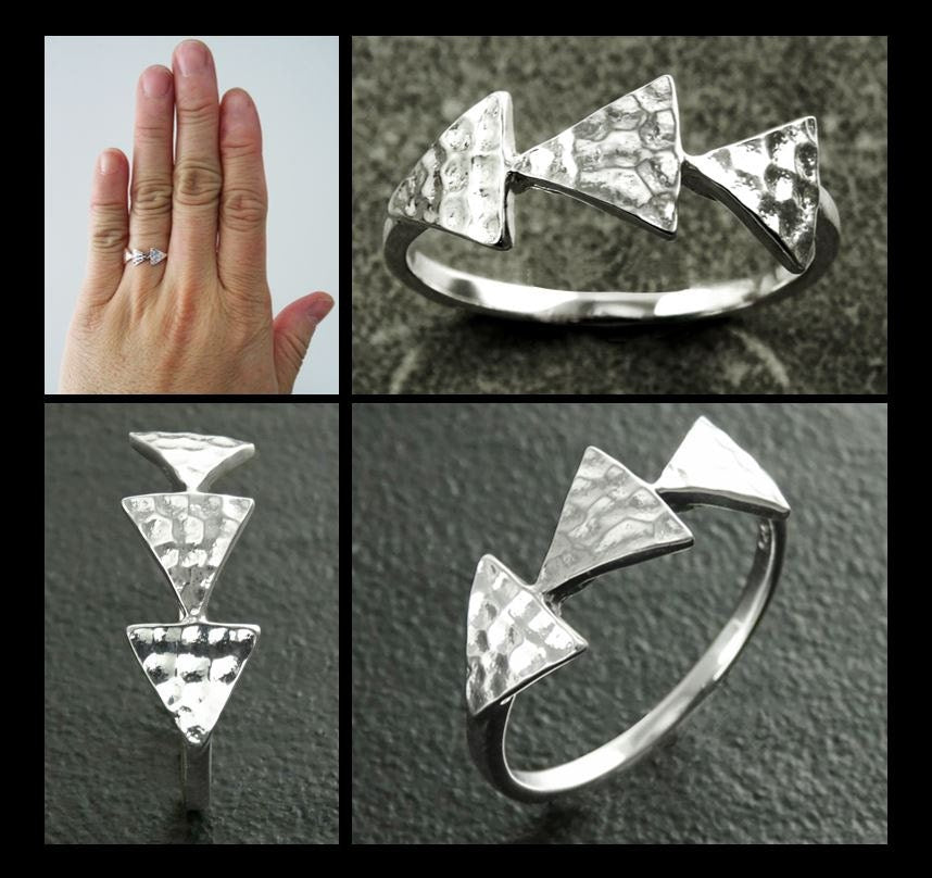 Triangle Ring, Sterling Silver, Hammered Spikes Ring, Spikes Chevron ring, Delta Peak Ring, Triangles Ring, Geometric Pointed Jewelry, Point