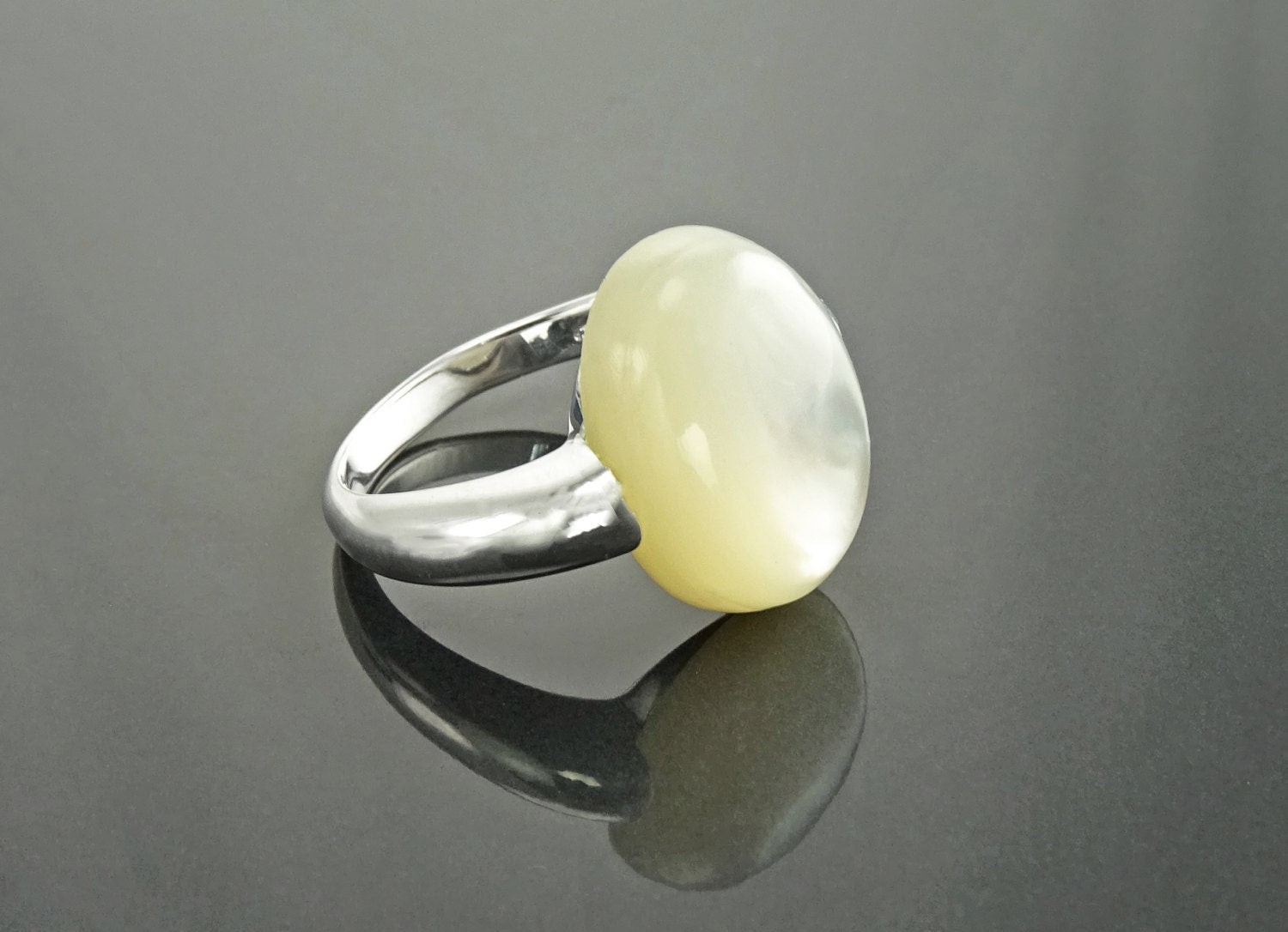 Oval White Ring, Sterling Silver, Mother of Pearl Shell, Modern Minimalist Stone Jewelry, Original Design Setting
