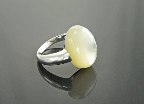 Oval White Ring, Sterling Silver, Mother of Pearl Shell, Modern Minimalist Stone Jewelry, Original Design Setting