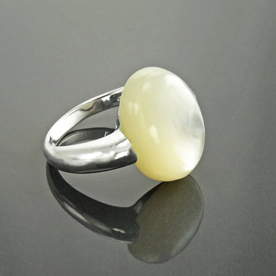 Oval White Ring, Sterling Silver, Mother of Pearl Shell, Modern Minimalist Stone Jewelry, Original Design Setting