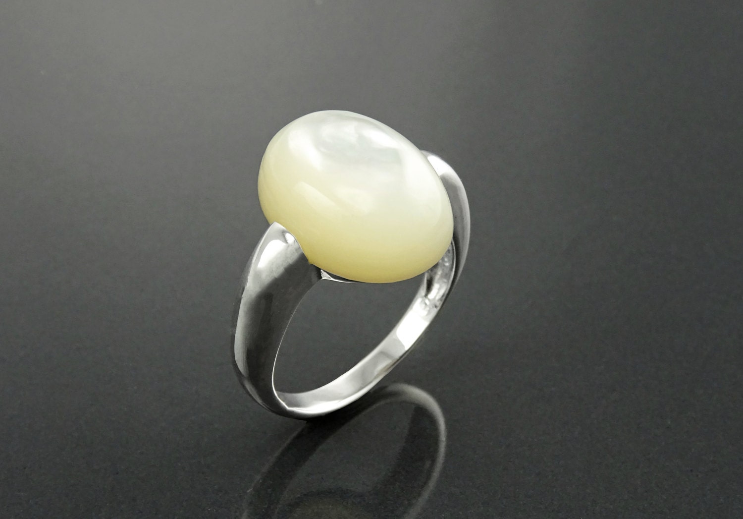 Oval White Ring, Sterling Silver, Mother of Pearl Shell, Modern Minimalist Stone Jewelry, Original Design Setting
