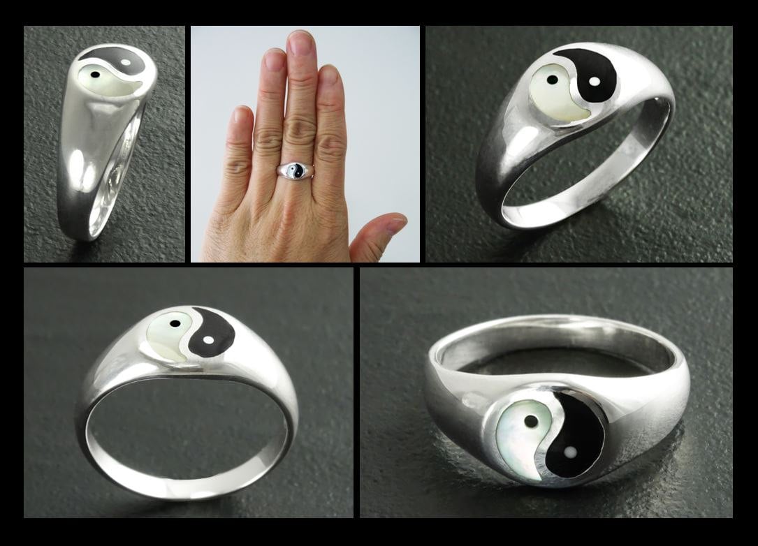 Yin Yang Ring, Sterling Silver Ring, ONYX & Mother of Pearl, Taoist Zen Spirit Jewelry, Man Woman Ring, Balance Yoga Ring, Round Signet Ring