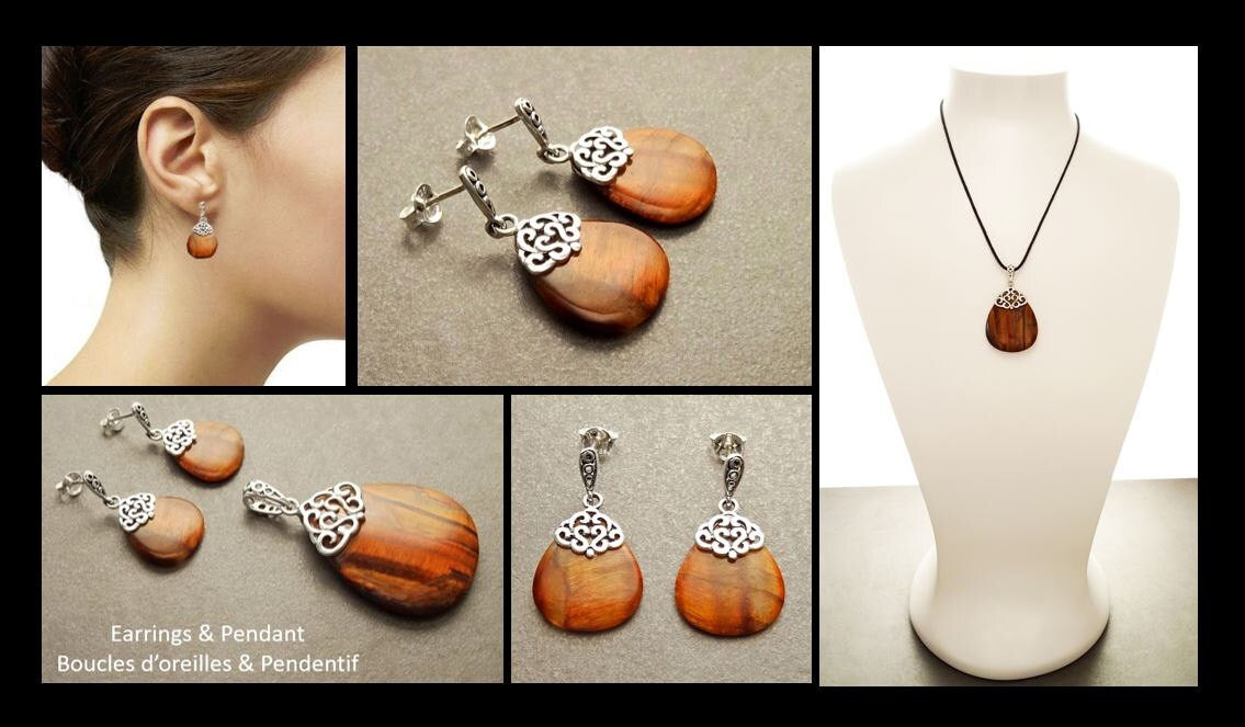 Vintage Oval Earrings, Sterling Silver, Filigree, Earrings and Pendant Set, GENUINE Brown Tiger Eyes Stone, Gemstone Teardrop
