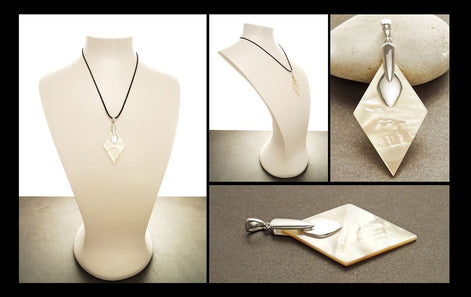 Mother of Pearl Diamond Earrings & Pendant Set, Sterling Silver, Geometric Shell Jewelry