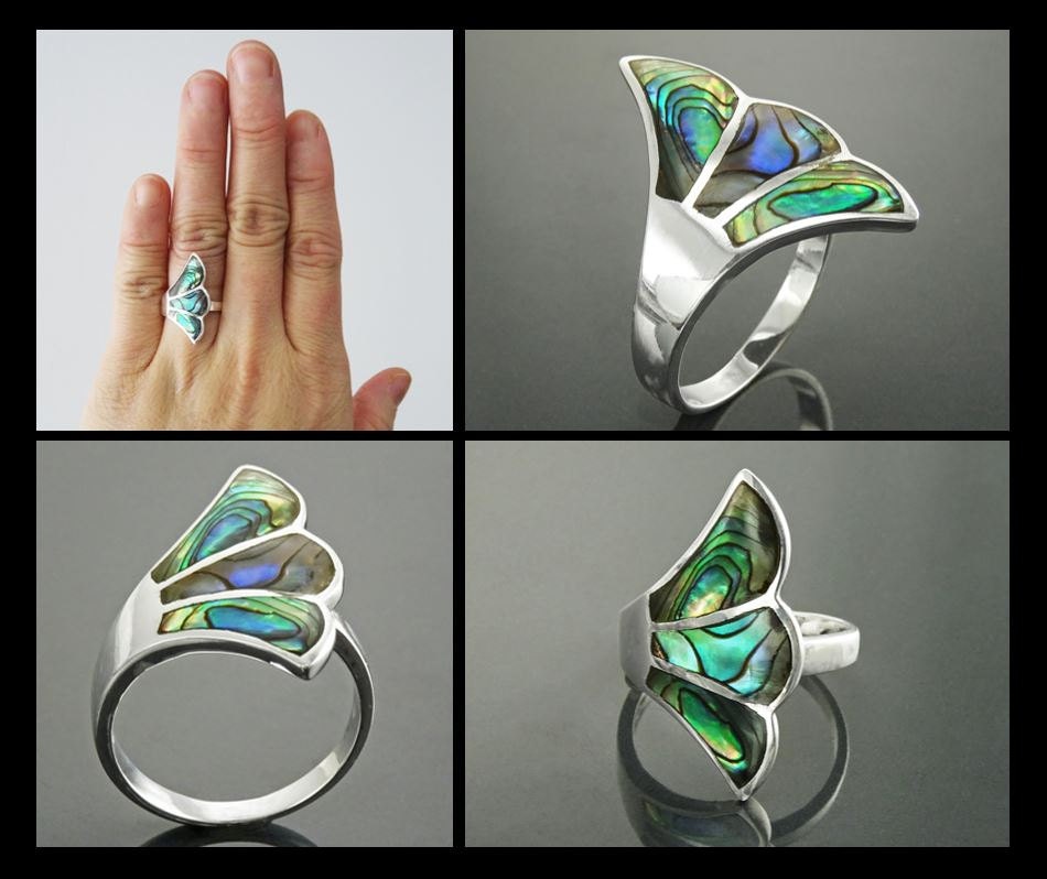 Paua Shell Fan Ring, Sterling Silver, Wave Stone Ring, Flat Abalone Jewelry, Unique Wing Feather Ring, Blue Green Rainbow Color, Art Nouveau