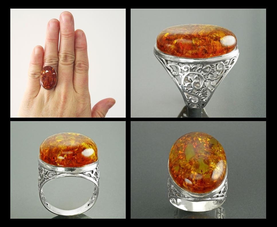 Multiple views of Filigree detail of the setting of the Vintage-style Cognac-colored Oval Amber 925 Silver Ring worn on a woman's hand