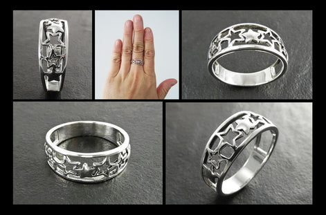 Sterling Silver Star Ring, Open-Work Constellation Band,