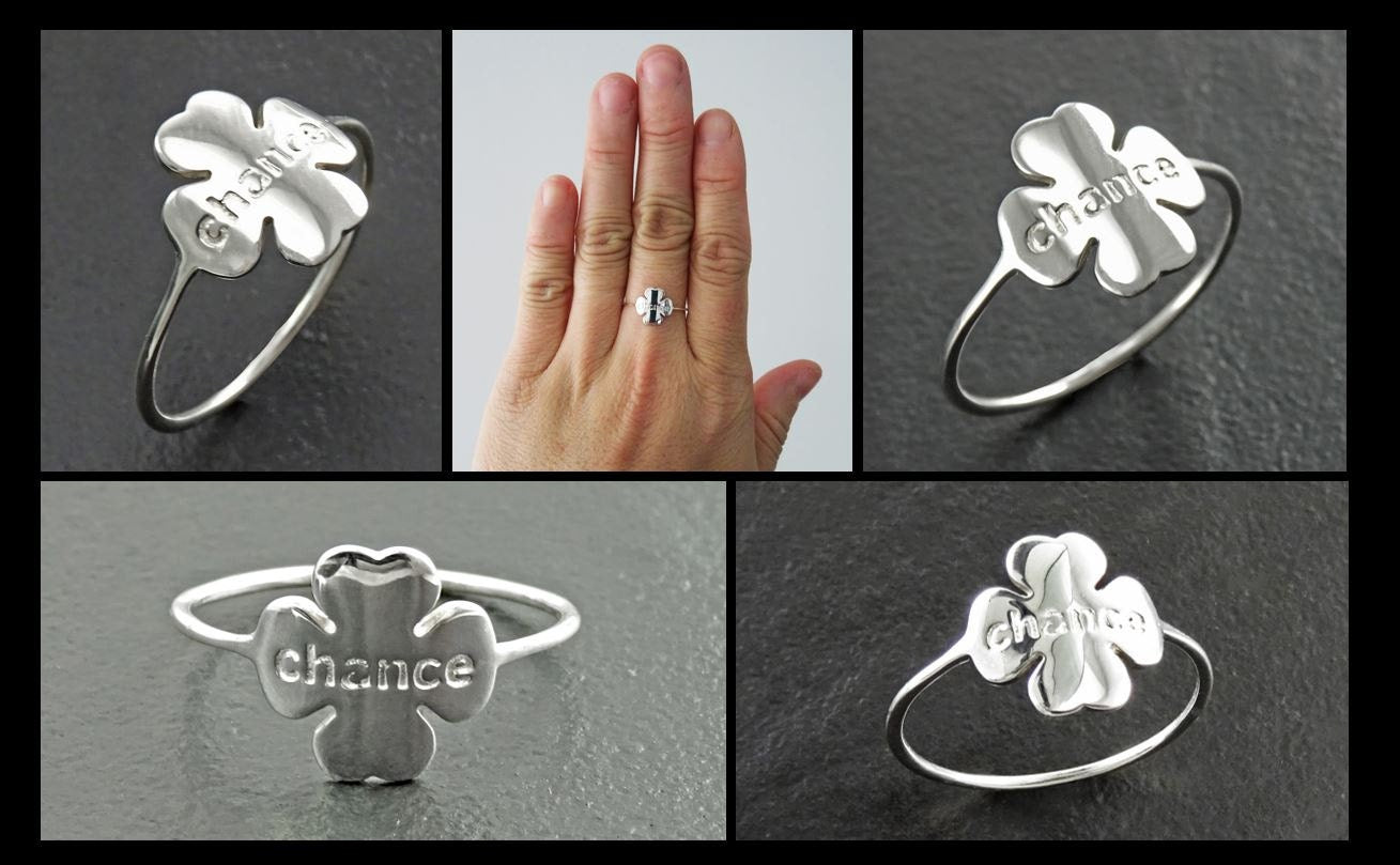Sterling Silver Four Leaf Clover Ring, Dainty Good Luck Jewelry