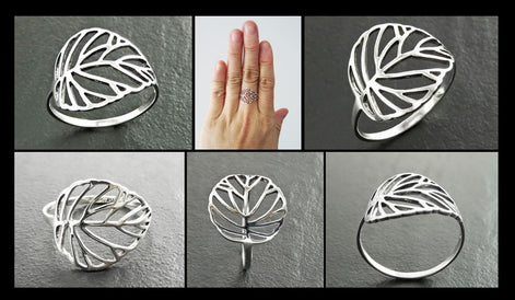 Leaf Ring, Sterling Silver, Rubber Ficus Plant Ring, Filigree Branch, Skeleton Leaf Veins Ring, Tropical, Nature, Greenery Jewelry