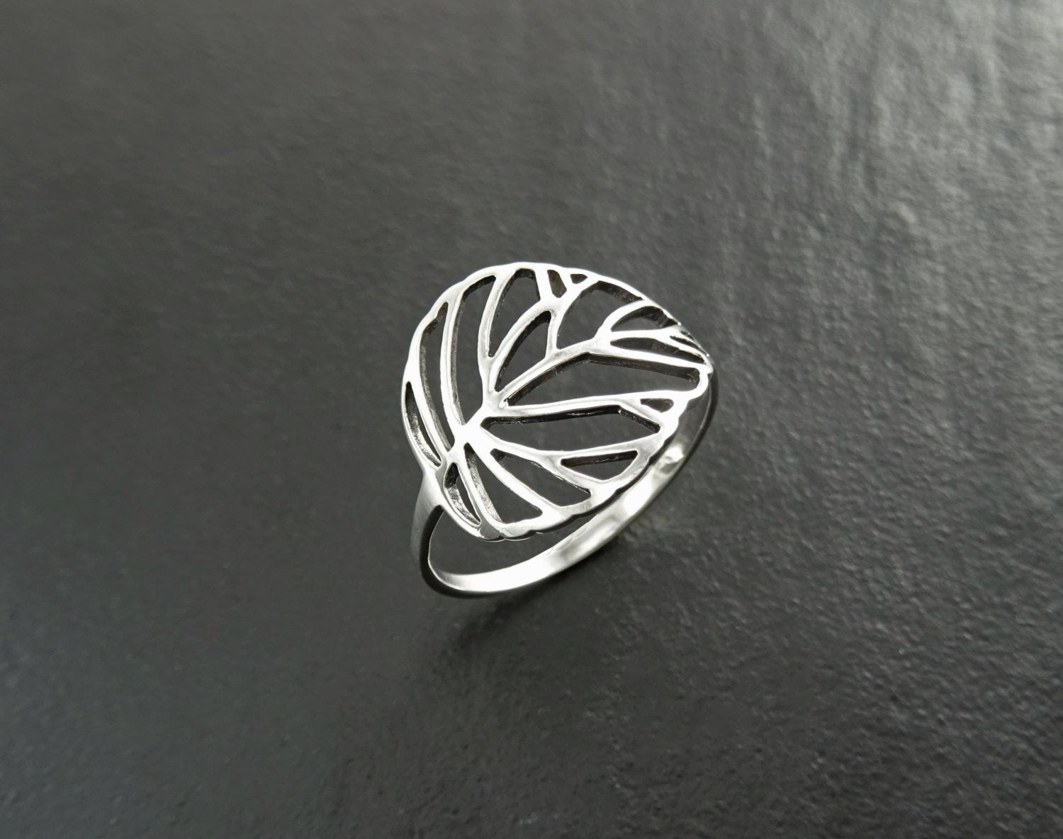 Leaf Ring, Sterling Silver, Rubber Ficus Plant Ring, Filigree Branch, Skeleton Leaf Veins Ring, Tropical, Nature, Greenery Jewelry