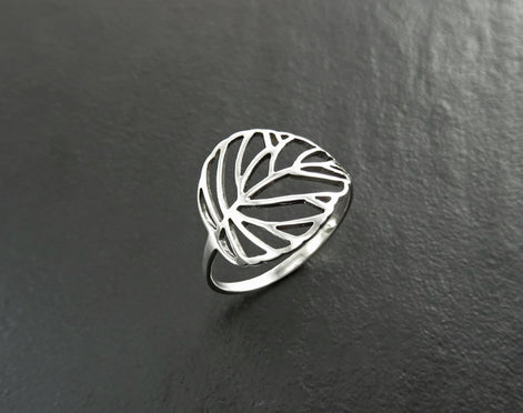 Leaf Ring, Sterling Silver, Rubber Ficus Plant Ring, Filigree Branch, Skeleton Leaf Veins Ring, Tropical, Nature, Greenery Jewelry