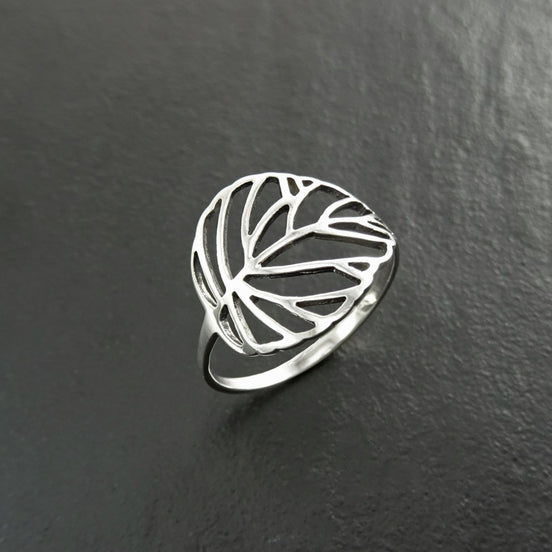 Leaf Ring, Sterling Silver, Rubber Ficus Plant Ring, Filigree Branch, Skeleton Leaf Veins Ring, Tropical, Nature, Greenery Jewelry
