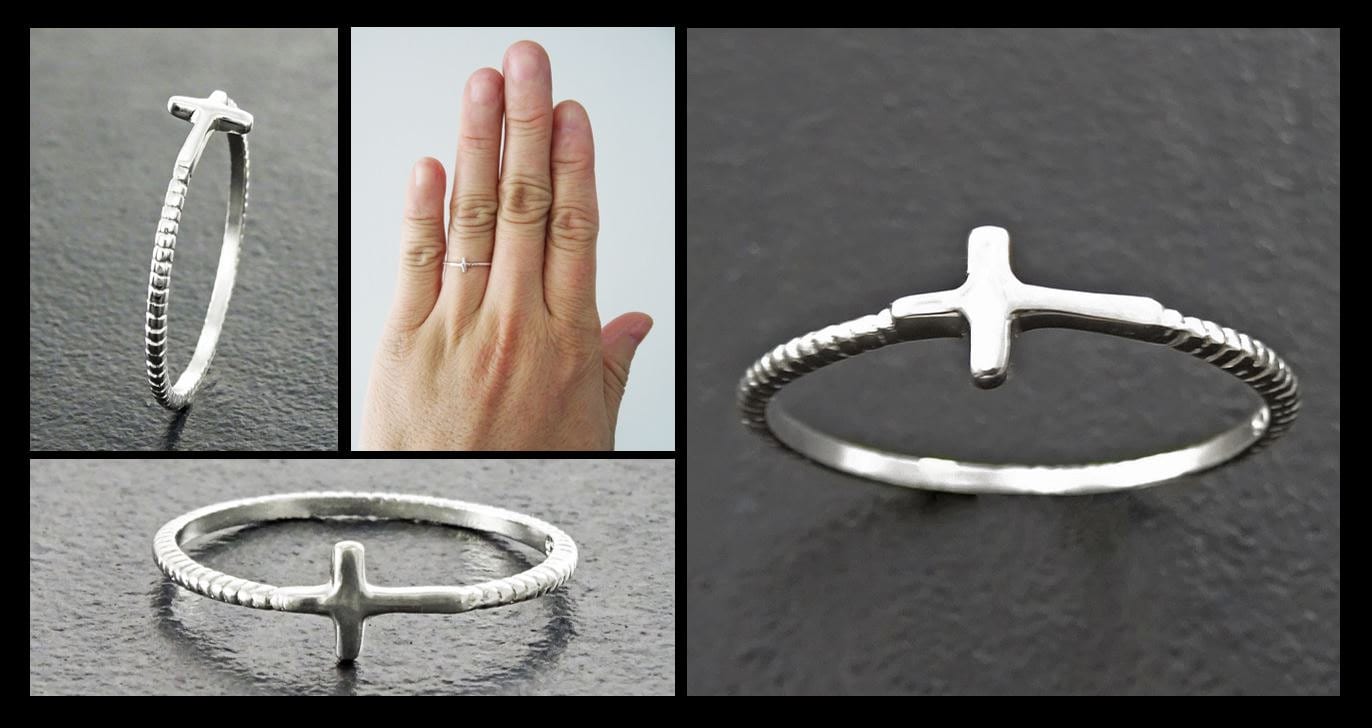 Sterling Silver Sideways Cross Ring - Stacking Religious Jewelry, 925 Cross