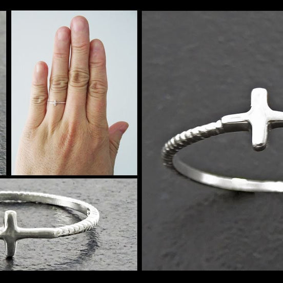 Sterling Silver Sideways Cross Ring - Stacking Religious Jewelry, 925 Cross