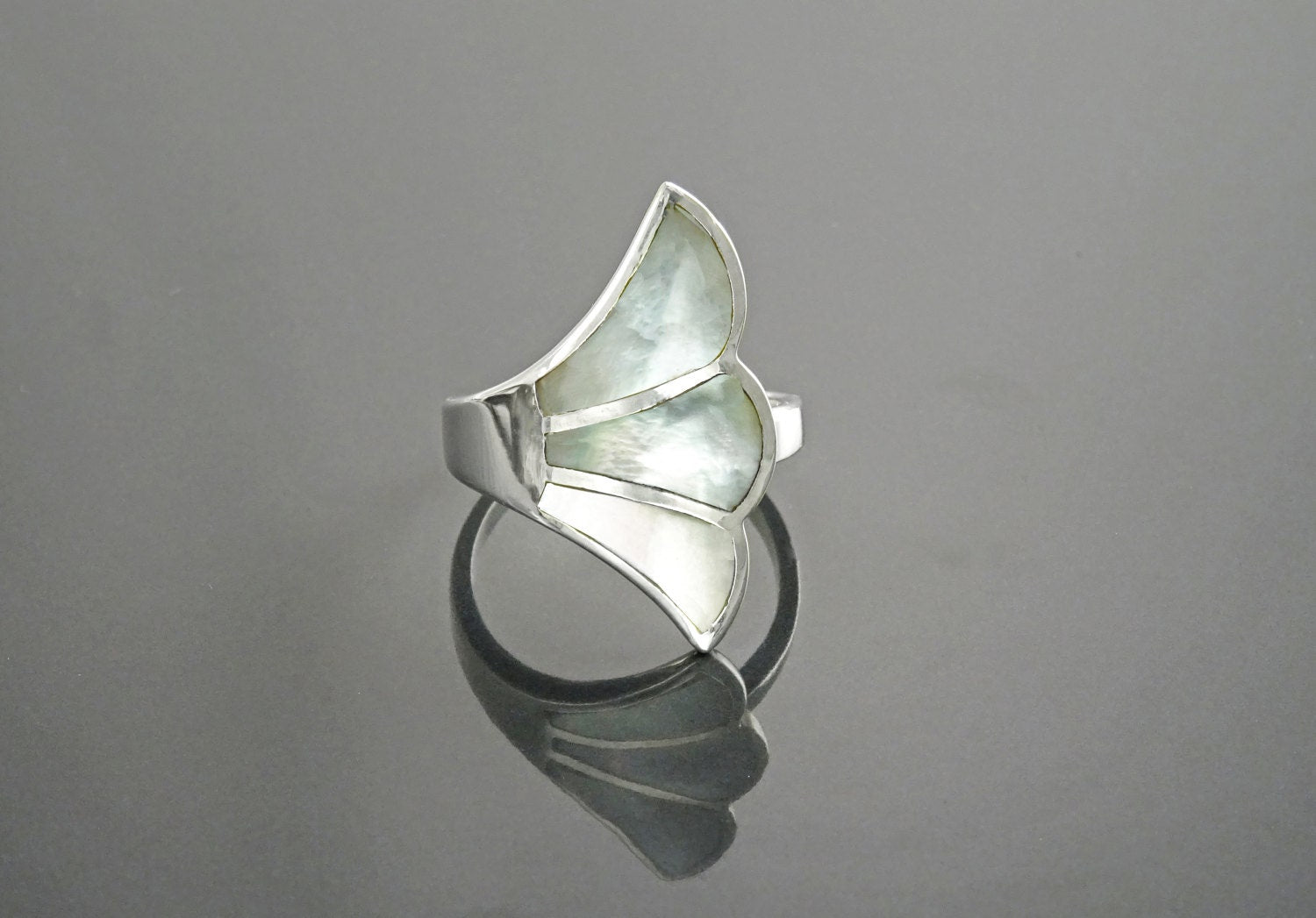White Shell Ring, Sterling Silver, Flat Stone Ring, Genuine Mother of Pearl Shell Ring, Fanned Wave Wing, Unique Band Ring, Pearl Jewelry