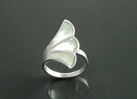 White Shell Ring, Sterling Silver, Flat Stone Ring, Genuine Mother of Pearl Shell Ring, Fanned Wave Wing, Unique Band Ring, Pearl Jewelry