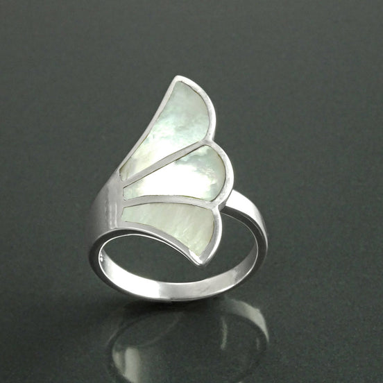 White Shell Ring, Sterling Silver, Flat Stone Ring, Genuine Mother of Pearl Shell Ring, Fanned Wave Wing, Unique Band Ring, Pearl Jewelry