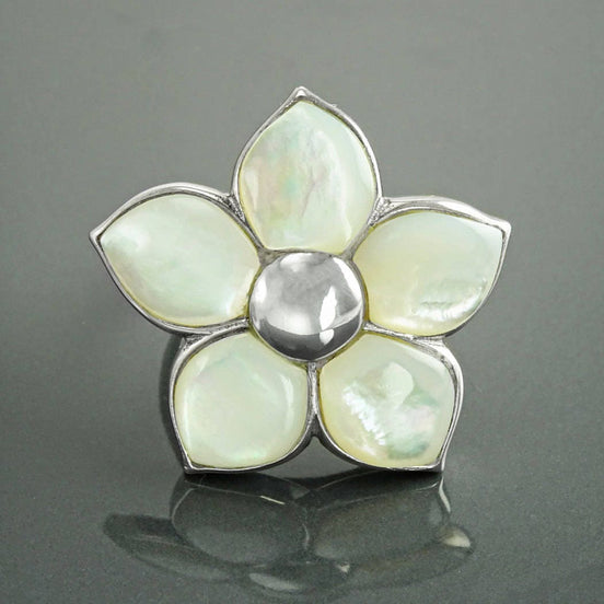 White Flower Ring, Sterling Silver, Mother of Pearl Shell , Polynesian Blossom Frangipani Flowers Petals Ring, White Stone Ring