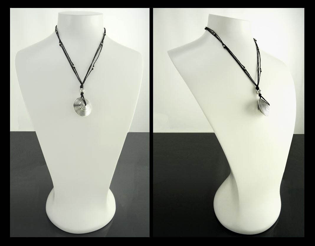 Disc Necklace, Silver 925, Spiral Stripes, Spinning Circular Round Pendant, Black Multi Strand, Ethnic Surfer Beach Summer Jewelry Gift