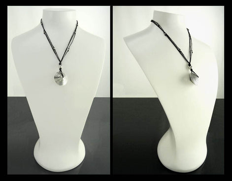 Disc Necklace, Silver 925, Spiral Stripes, Spinning Circular Round Pendant, Black Multi Strand, Ethnic Surfer Beach Summer Jewelry Gift