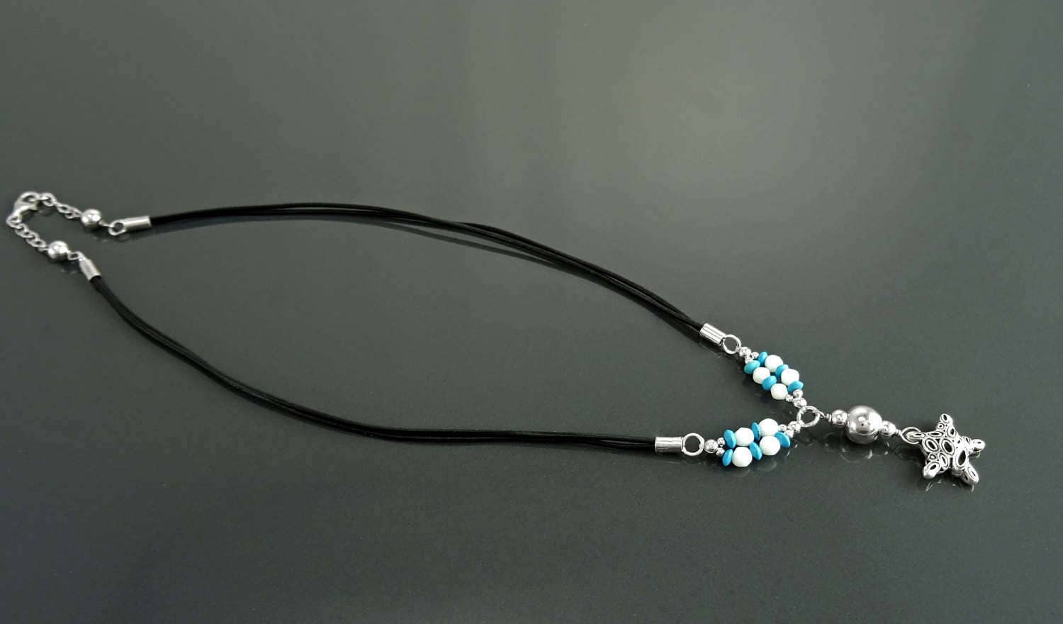 Summer Necklace, Sterling Silver 925, Blue Turquoise Stone and White Stones Balls, Star Pendant, Black Cotton Wire, Beach Surfer Jewelry