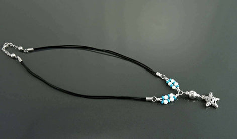 Summer Necklace, Sterling Silver 925, Blue Turquoise Stone and White Stones Balls, Star Pendant, Black Cotton Wire, Beach Surfer Jewelry