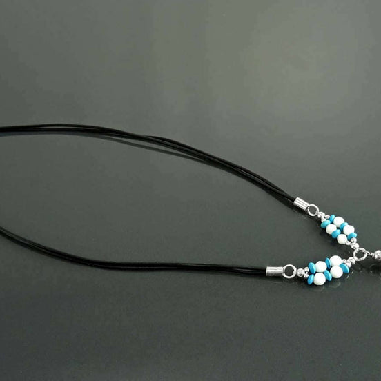 Summer Necklace, Sterling Silver 925, Blue Turquoise Stone and White Stones Balls, Star Pendant, Black Cotton Wire, Beach Surfer Jewelry
