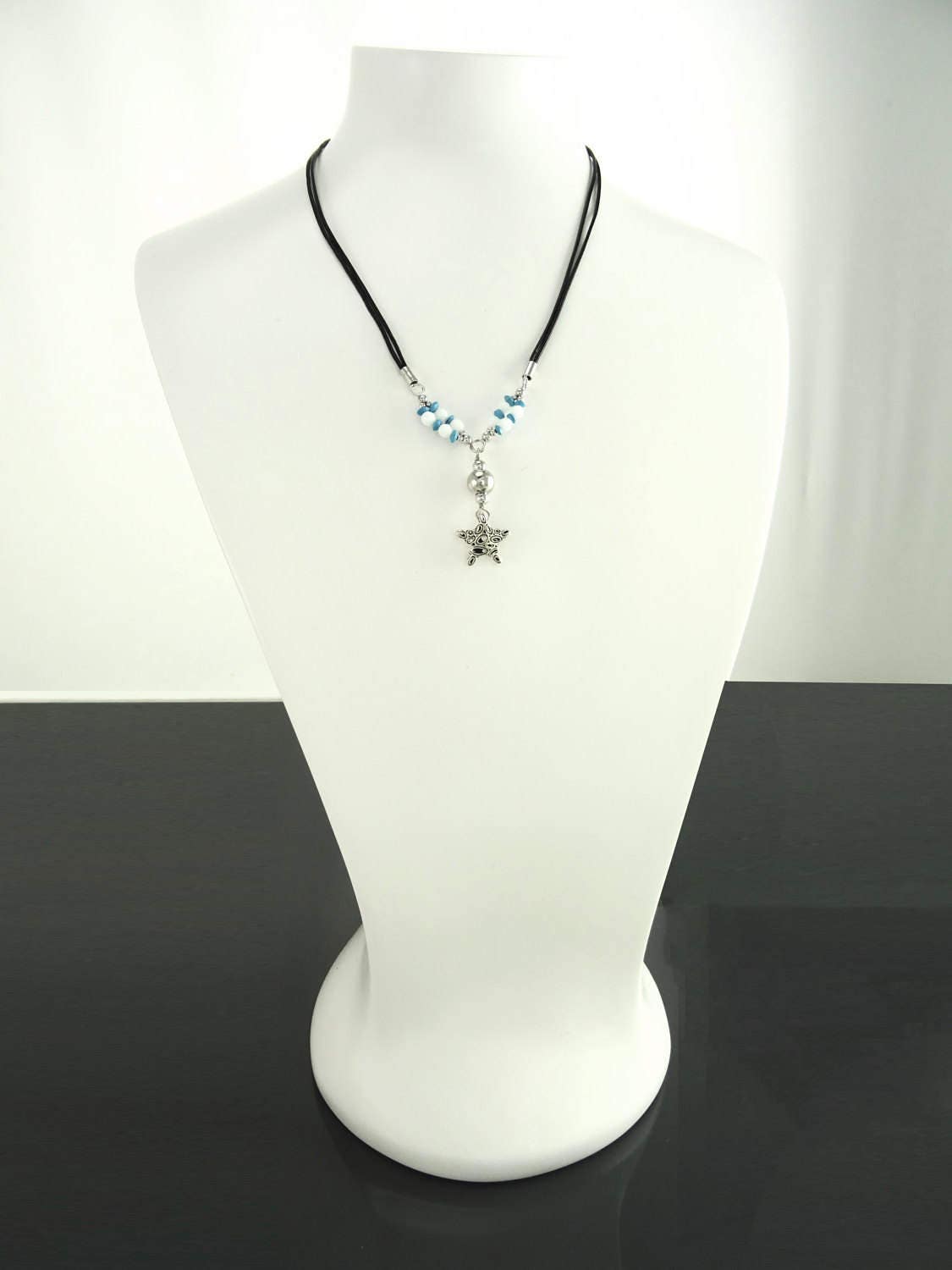 Summer Necklace, Sterling Silver 925, Blue Turquoise Stone and White Stones Balls, Star Pendant, Black Cotton Wire, Beach Surfer Jewelry