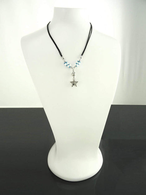 Summer Necklace, Sterling Silver 925, Blue Turquoise Stone and White Stones Balls, Star Pendant, Black Cotton Wire, Beach Surfer Jewelry