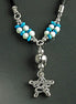 Summer Necklace, Sterling Silver 925, Blue Turquoise Stone and White Stones Balls, Star Pendant, Black Cotton Wire, Beach Surfer Jewelry