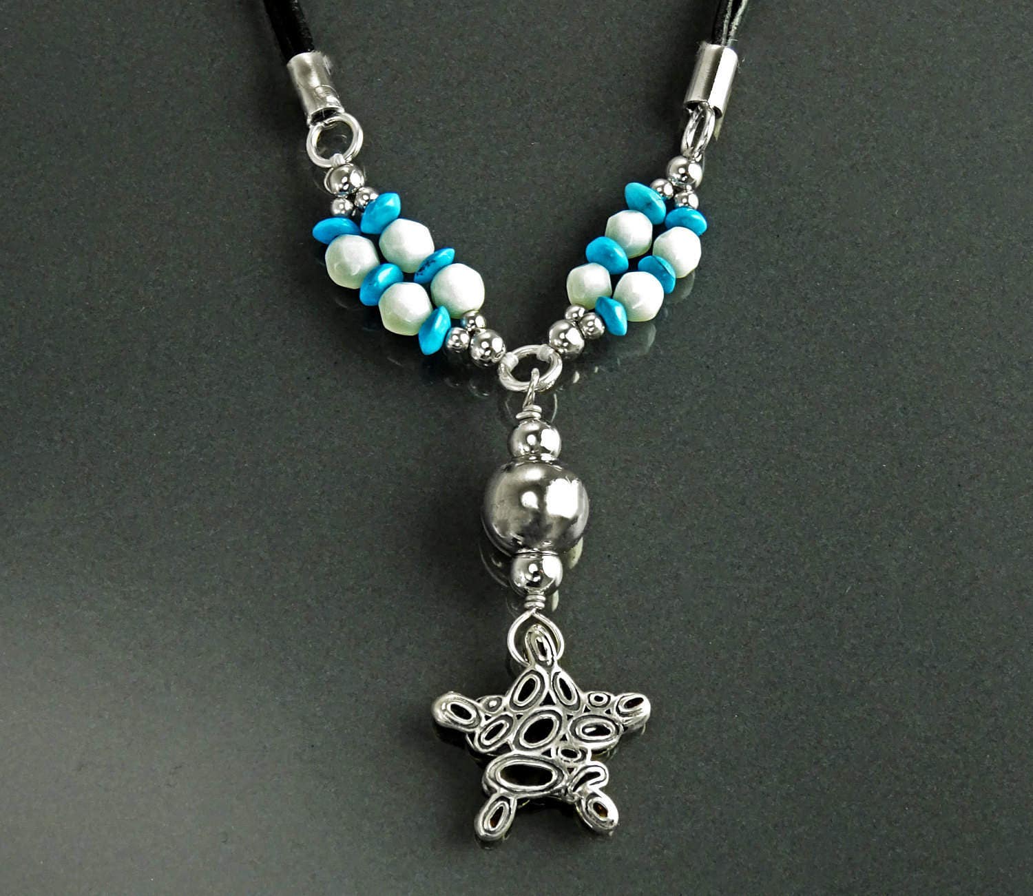 Summer Necklace, Sterling Silver 925, Blue Turquoise Stone and White Stones Balls, Star Pendant, Black Cotton Wire, Beach Surfer Jewelry
