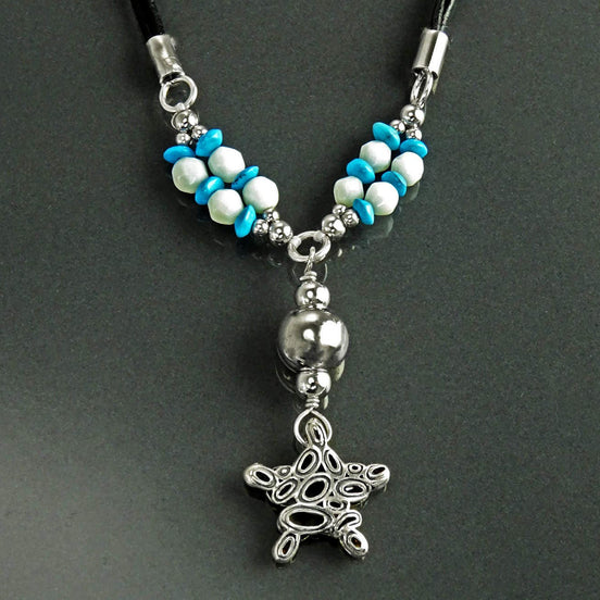Summer Necklace, Sterling Silver 925, Blue Turquoise Stone and White Stones Balls, Star Pendant, Black Cotton Wire, Beach Surfer Jewelry