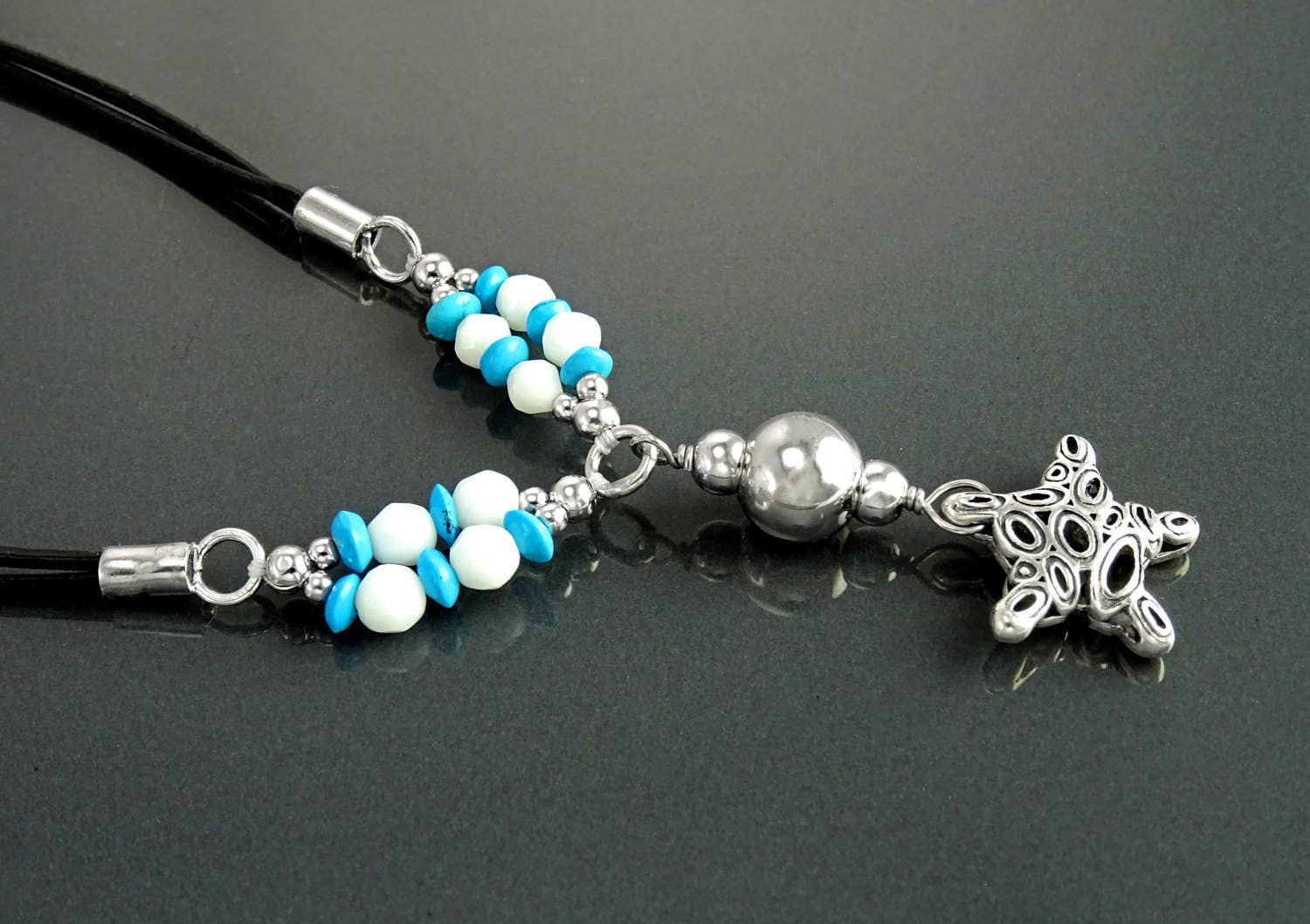 Summer Necklace, Sterling Silver 925, Blue Turquoise Stone and White Stones Balls, Star Pendant, Black Cotton Wire, Beach Surfer Jewelry