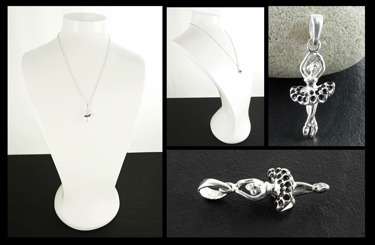 Sterling Silver Ballerina Pendant, Enameled Tutu Dance Jewelry, Black Swan Ballerina